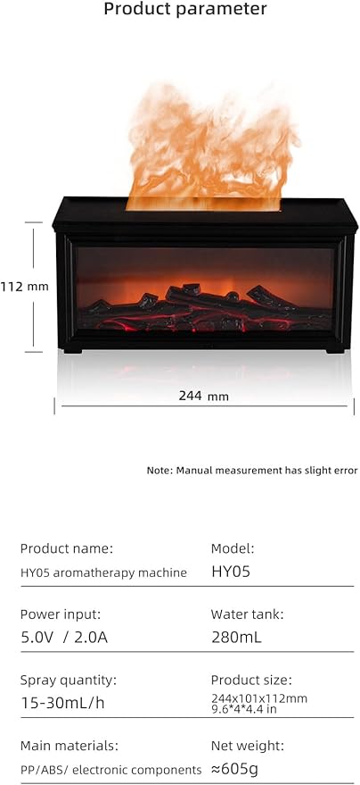 Fireplace Flame Air Aromatherapy Diffuser,7 Colors Aromatherapy Essential Oil Diffuser,280ml Ultrasonic Aroma Humidifier with Timer for Home,Bedroom,Office,Yoga (HY-05W)