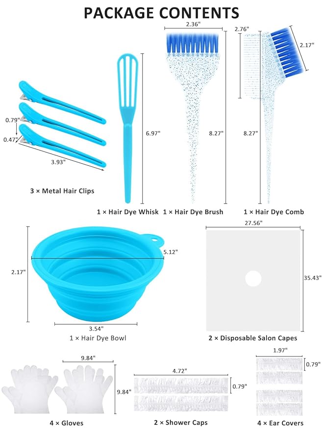 19PCS Hair Bleach Dye Kit with Hair Dye Brush and Bowl Whisk Hair Clips Protective Gear Set, Ideal for Hair Bleaching Coloring Highlighting, Essential Salon Supplies for Home Use (Blue)