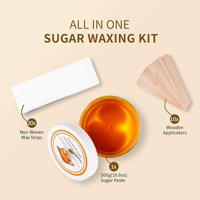 Sugar Wax Kit for Hair Removal: 10.6oz/300gOrganic Sugaring Wax for Body Legs Arms Bikini and Back - Includes 20PCS Strips & 10pcs Sticks