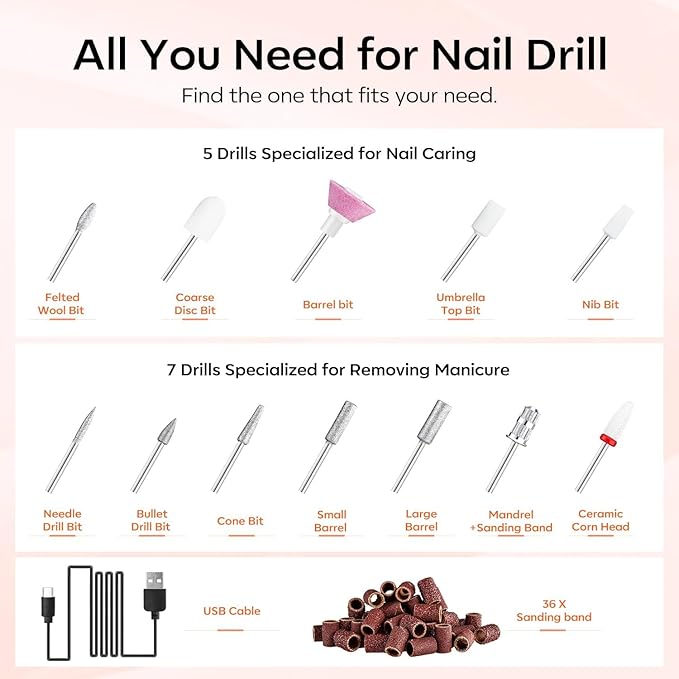 Modelones Electric Nail Drill, 14 Pcs Cordless Nail File with LED Light for Acrylic Gel Dip Powder Nails, Professional Nail Efile Kit with Nail Drill Bits & Sanding Bands for Quick Manicure Pedicure