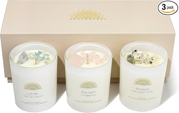 Soy Candles - Crystal Candles with Rose Quartz Moonstone Celestite - Scented Wax Gift Set - Black Currant & Rose, Amber Noir, Sea Salt & Drift Wood - 3 Pack 3.5oz