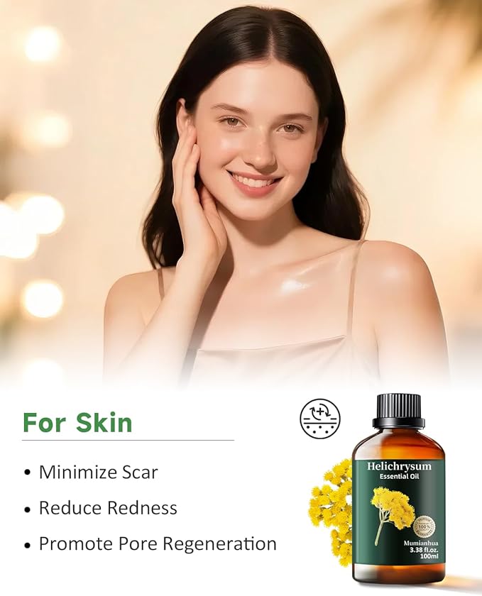 Helichrysum Essential Oil Pure, Mumianhua Natural Helichrysum Oil for Reed Diffusers, Home Humidifiers, Skin, Hair, Massage, DIY, Self-Care, Aromatherapy, Soap, Candle Making 3.38 Fl oz