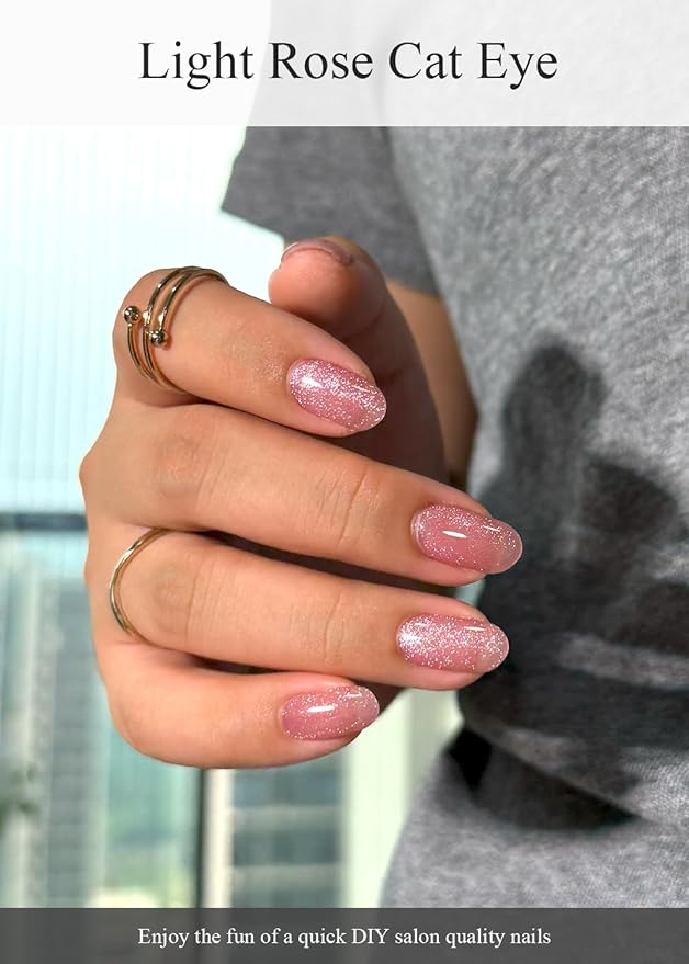 Semi Cured Gel Nail Strips (Light Rose Cat Eye), 20 Pcs Gel Nail Wraps, Stickers, Long Lasting, Works With Any Lamps
