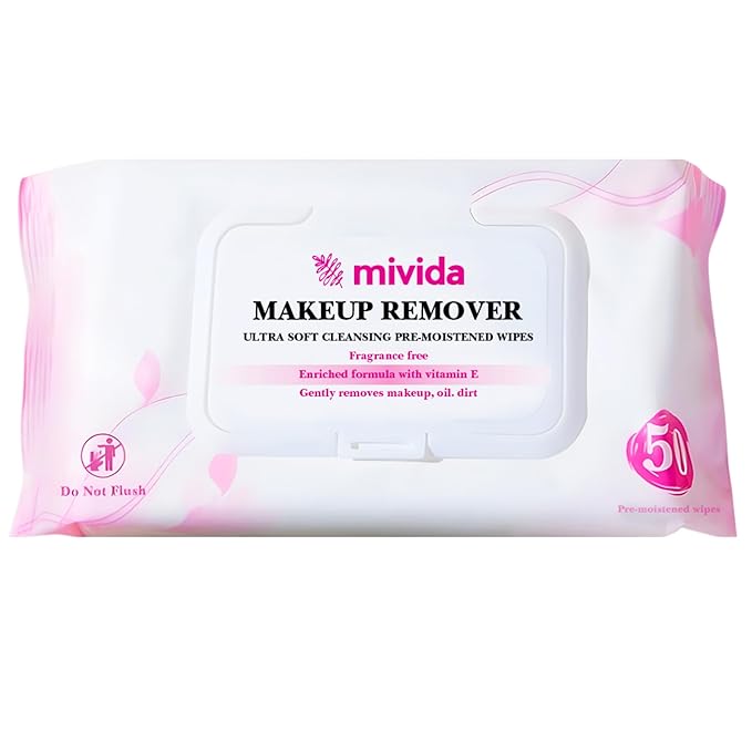 Mivida Hypoallergenic Makeup Remover Wipes With Vitamin E, Daily Cleansing Facial Towelettes, For Sensitive Skin, 50 Count, Alcohol Free, Fragrance Free Makeup Wipes