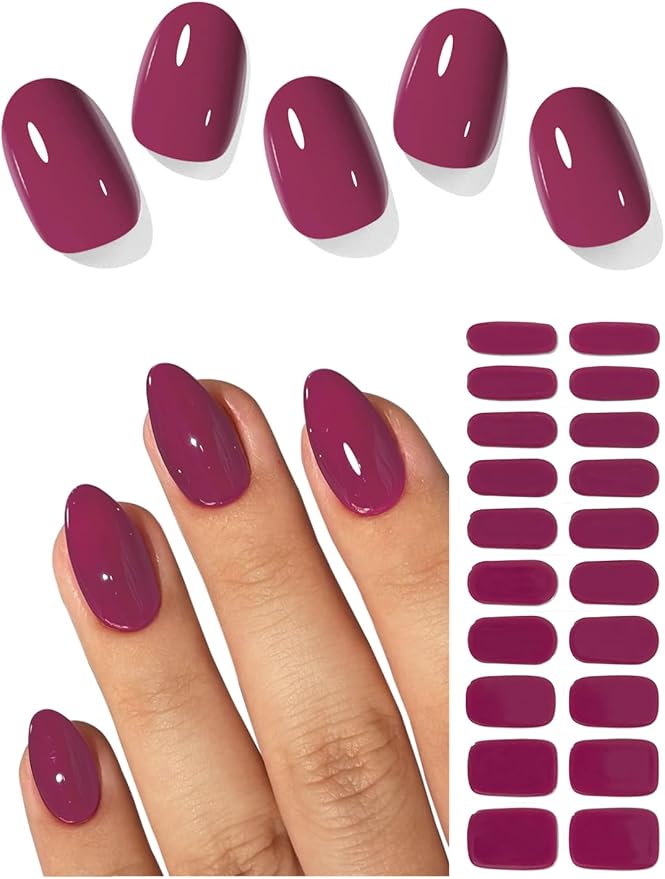 Semi Cured Gel Nail Strips (Purple-Red), Fall, 20 Pcs Gel Nail Wraps, Stickers, Salon Quality, Works with Any Lamps