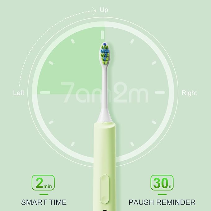 7AM2M Sonic Electric Toothbrush for Adults and Kids, 40000VPM Power Toothbrushes, Fast Rechargeable with 4 Brush Heads, 5 Modes, 2 Minutes Built in Smart Timer, One Charge for 60 Days (Green)