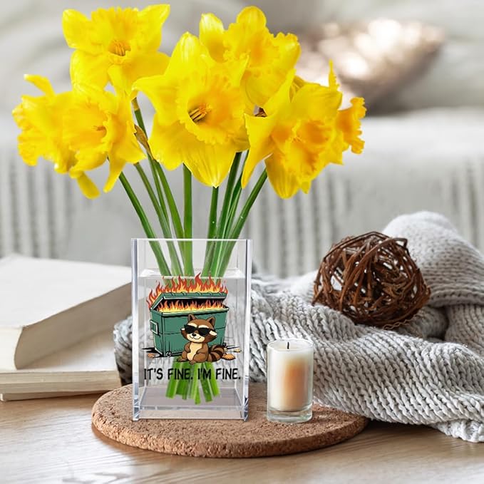 It's Fine I'm Fine Acrylic Cosmetic Pencil Pen Holder Cup, Funny Raccoon Dumpster Fire Pen Holder Cup, Raccoon Lover Gifts for Women Men, Office Sarcastic Gifts for Women Men Colleague Boss