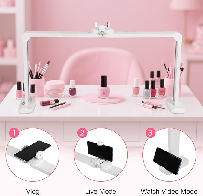 34in Half Moon Light for Nail Desk, Foldable LED Lamp with Phone Holder, Nail Art, Tattooing, Craft Making, Stepless Dimming, 3000-6000K Color Temperature Adjustment, 456 Light Beads, White