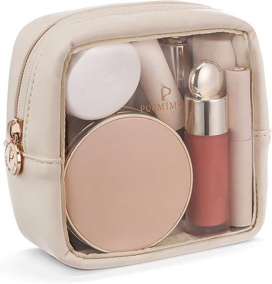 Pocmimut Mini Makeup Bag,Clear Makeup Bag Travel Toiletry Bag Pouch Purse Car Accessories Cute Stuff for Women,Travel Essentials Organizers,Beige
