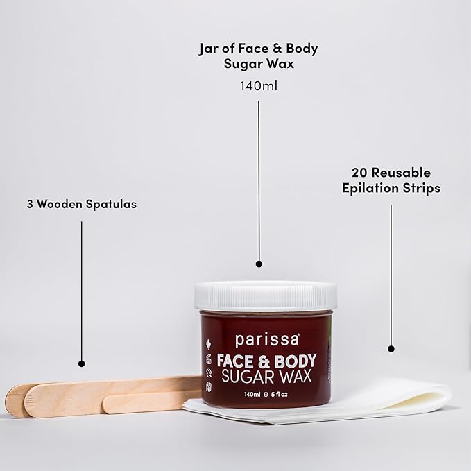 Parissa Face & Body Sugar Wax | 100% Natural, Vegan & Hypoallergenic, Gentle, Microwavable Formula for Sensitive Skin | Facial waxing kit for women | 20 Epilation Strips, 3 Spatulas | 140ml (5 Fl Oz)