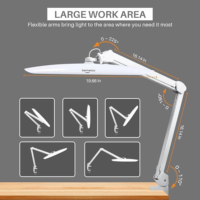 117PCS LED Clamp Desk Lamp, 20 Inch Metal Swivel Arm with Protective Casing, 2200 Lumens, Dimmable Task Lamp for Reading, Office Work, Sewing, Study, and Crafts(White)