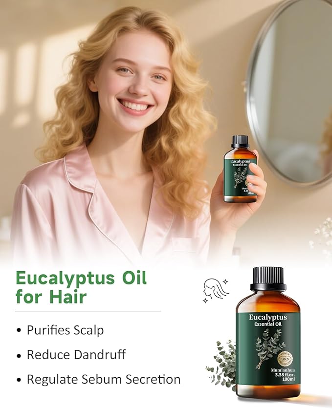 Pure Eucalyptus Essential Oil, Mumianhua Natural Eucalyptus Oil for Diffuser, Face, Skin, Aromatherapy, Hair, Scalp and Body Massage,Spray Candle Making, Outdoor Freshness, Invigorating Air 3.38 Fl Oz