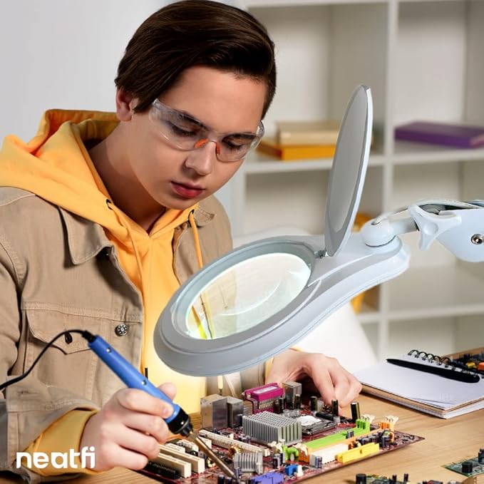 Neatfi 1,200 Lumens Super LED Magnifying Lamp with Clamp, Dimmable, Includes Microfiber Cleaning Cloth, 5 Inch Diameter Lens for Reading, Sewing, Crafting (White, 8 Diopter)