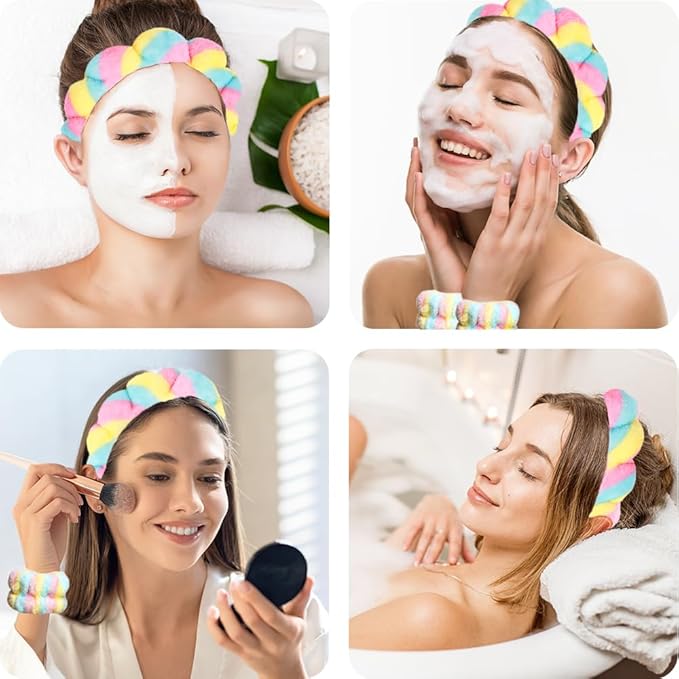 Spa Headbands for Washing Face Wristband Set Sponge Makeup Skincare Headband Wrist Towels Bubble Soft Terry Towel Cloth Hairband for Women Puffy Headwear Non Slip Thick Thin Hair