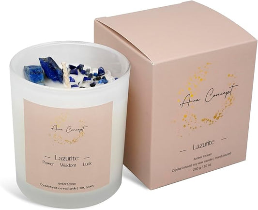 Healing Crystal Candle, Scented Candle Infused Lazurite Clear Quartz Crystals, Amber Ocean Scented, Positivity Energy, Cleansing Wellness, Gift for Women, Aromatherapy Clean Vegan 10Oz Jar