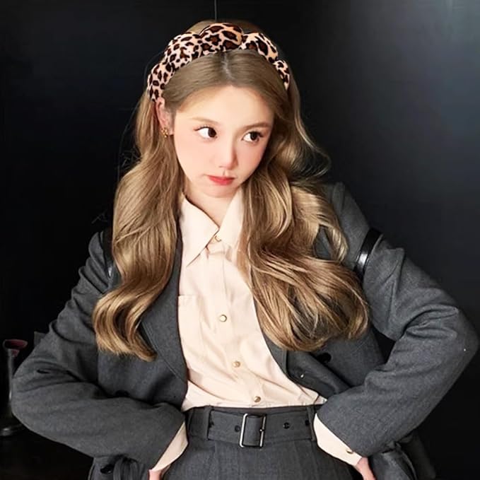 Spa Headbands for Washing Face Wristband Set Sponge Makeup Skincare Headband Wrist Towels Bubble Soft Terry Towel Cloth Hairband for Women Puffy Headwear Non Slip Thick Thin Hair Headwear (Leopard)