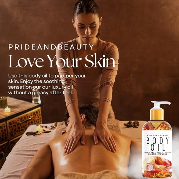 PrideandBeauty After Shower Oil. Skin Hydrating Oil. Body Oil Scented. Body Oils For Women Dry Skin. (Vanilla Buttercream) (8 OUNCES, Amber Vanilla Blossom)