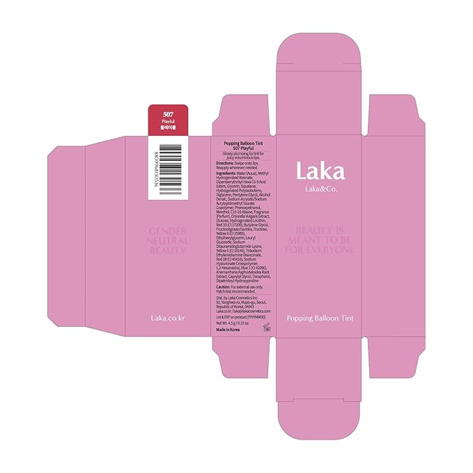 Laka Popping Balloon Lip Stain, 4.5g/0.15oz, Glossy Plumping Lip Tint, Moisturizing, Non-Sticky Texture for All-Day Hydration, Vegan, K-Beauty (#510 Breezy)