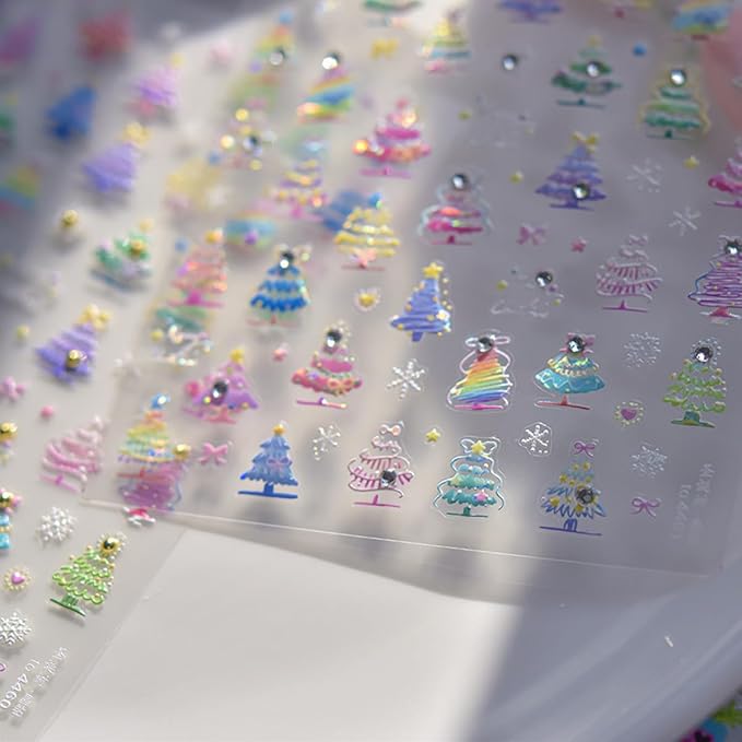 Christmas Nail Art Stickers Decals 5D Daimond Colorful Xmas Tree Nail Decals 1PCS Xmas Tree Snowflake Star Design Christmas Nail Art Supplies Manicure Stickers for Women DIY Nail Decorations