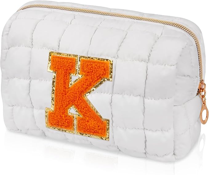 Initial Checkered Makeup Bag, Large Quilted Cosmetic Bag, Cute Make up Pouch for Purse, Travel Toiletry Storage Bag for Women Preppy Teen Girls Gift Trendy Stuff Gift (White K)