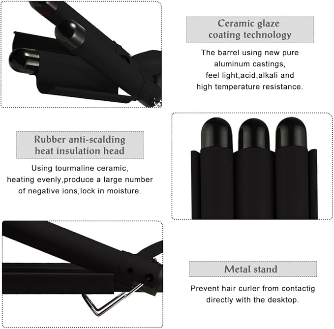 3 Barrel Curling Iron Hair Crimper Waver Iron with LCD Temperature Display - 1 Inch Ceramic Tourmaline Triple Barrels Waver Curling Wand, Dual Voltage