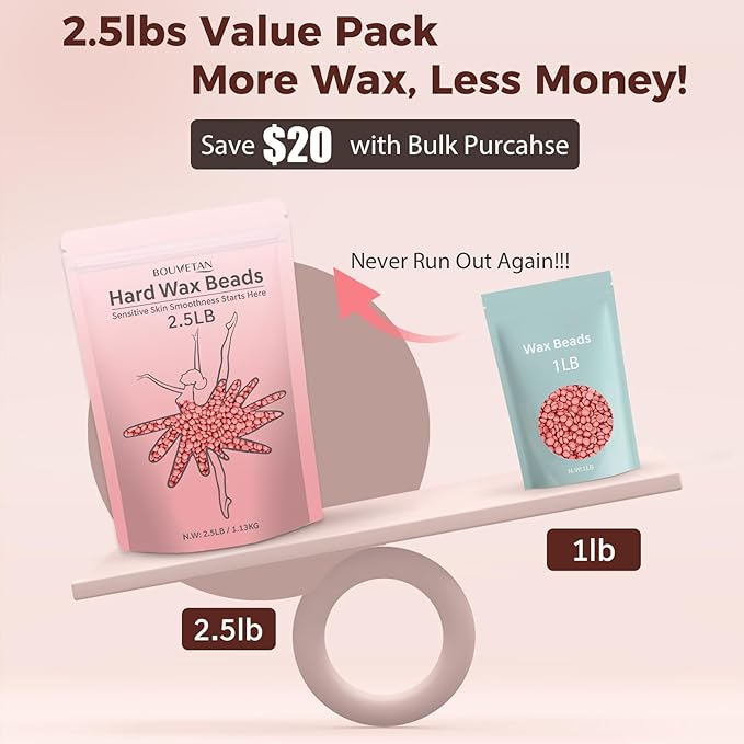 Wax Beads 2.5lb - Bouvetan Hard Wax Beans for Hair Removal, Sensitive Skin, Idea Waxing Beads for Full Body, Brazilian, Bikini, Face, Underarm, Eyebrows (Pink)