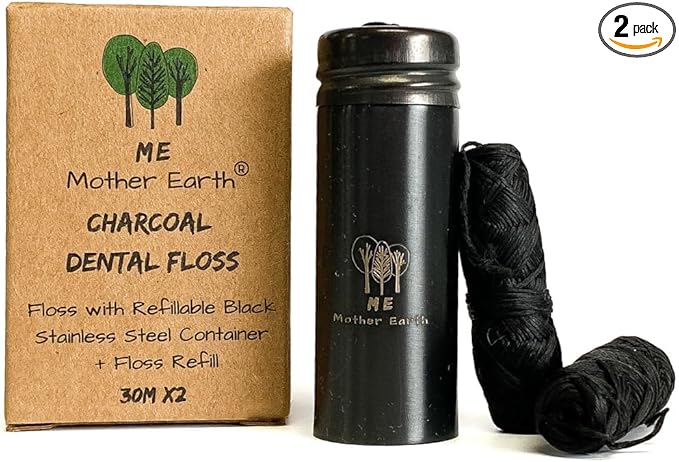 Vegan Biodegradable Bamboo Charcoal Dental Floss with Refillable Black Stainless Steel Container | 30M x2 | Extra Floss| Natural Candelilla Wax | Peppermint | Zero Waste Oral Care