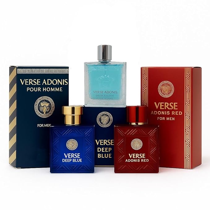 Verse Adonis Men’s Cologne Gift Set – 3 Fragrance Collection (Pour Homme, Deep Blue, Red) – Long Lasting Eau De Toilette Sprays, Citrus, Woody, Aromatic & Spicy Notes – 3.4 Fl Oz Each (Gift Set 2)