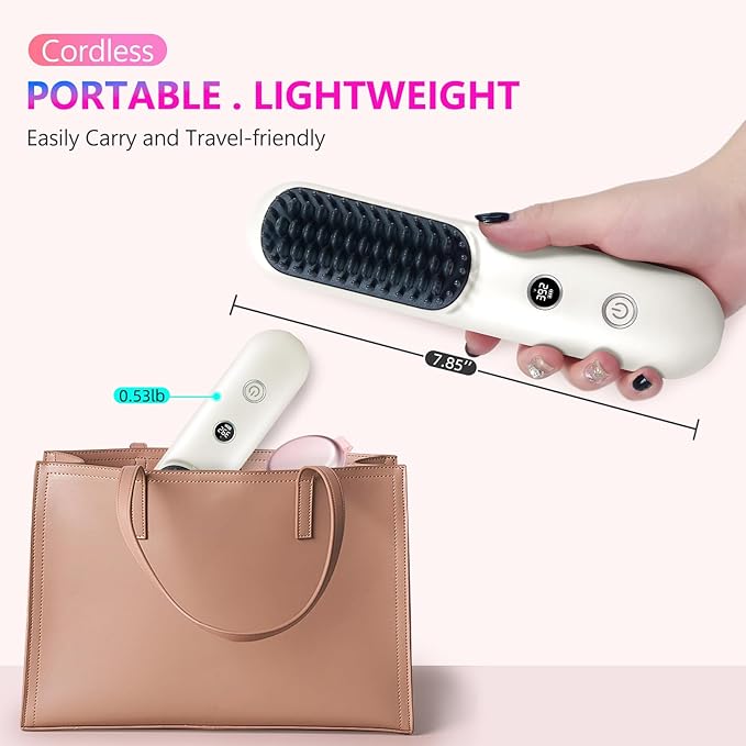 LCD Screen Cordless Hair Straightener Curler 2 in 1, Portable Mini Hair Straightening Brush for Travel Negative Ionic Fast Heating Hot Comb for Women, Folding Brush with Mirror, White