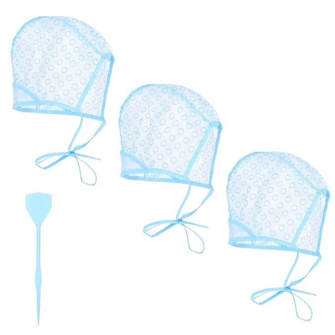 3PCS Highlight Caps For Hair Highlighting Cap Disposable Frosting Caps for Highlighting Hair Dying Highlights Cap With 3 Plastic Crochet Hooks for Dying, Bleach, Salon and DIY Hairdressing(Blue)