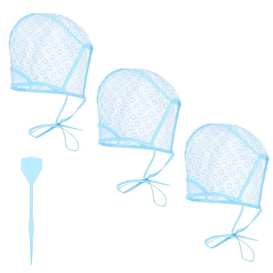 3PCS Highlight Caps For Hair Highlighting Cap Disposable Frosting Caps for Highlighting Hair Dying Highlights Cap With 3 Plastic Crochet Hooks for Dying, Bleach, Salon and DIY Hairdressing(Blue)