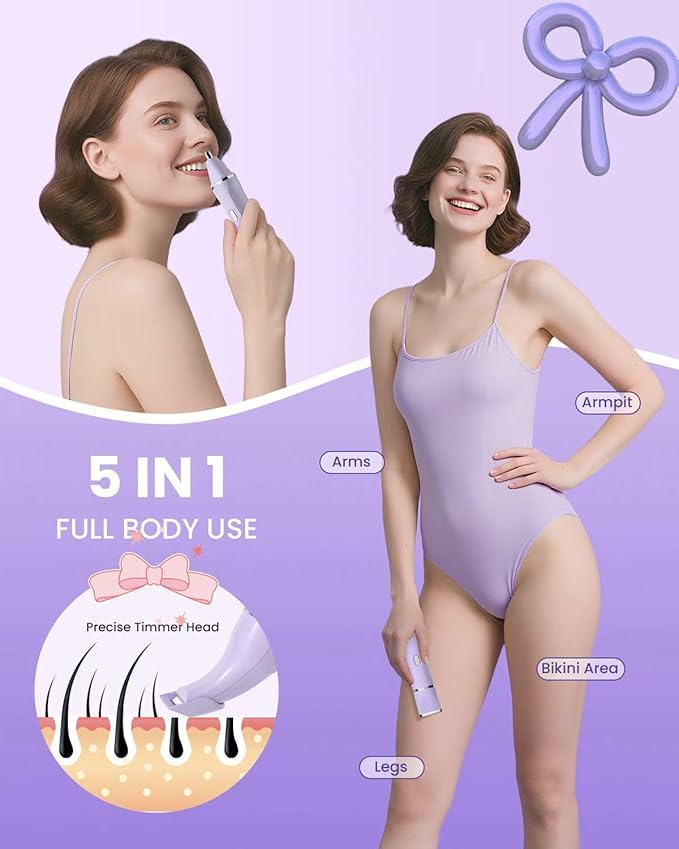 Bikini Trimmer for Women - 5 in 1 Electric Razors for Ladys Pubic Facial Nose Body Leg Hair Removal, Waterproof Electric Shaver for Women Private Area Sensitive Skin, Personal Hair Trimmer