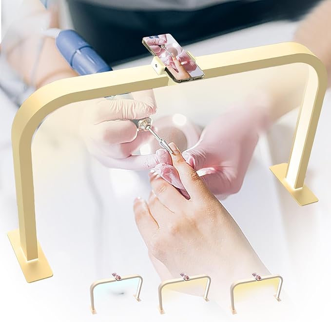 Half Moon Nail Desk Lamp, 45W LED Nail Tech Desk Light with Phone Holder, Half Moon Nail Light 3000-6000K Adjustable Brightness, Nail Table Arch Lamp, for Manicure Lash Eyelas (Gold), YY111
