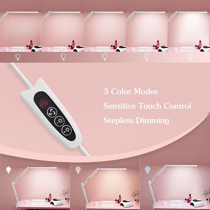 LED Desk Lamp, Manicure Table Lamp, 16" Lamp Head, Dimmable Eye-Caring Drafting Light with 3 Color Modes, 10 Brightness Levels & Adapter, Memory Function(White)