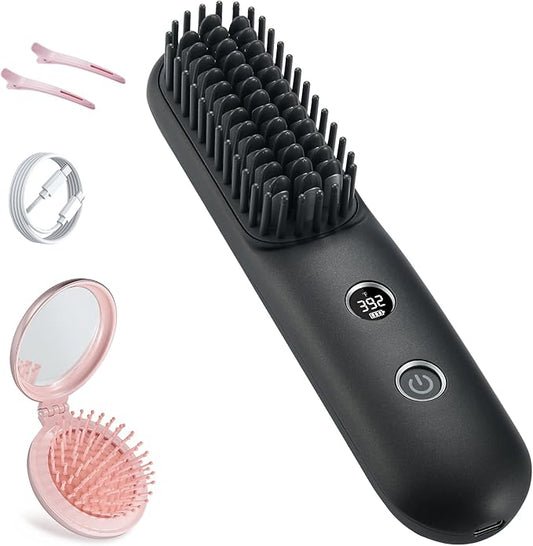 LCD Screen Cordless Hair Straightener Curler 2 in 1, Portable Mini Hair Straightening Brush for Travel Negative Ionic Fast Heating Hot Comb for Women, Folding Brush with Mirror, Black