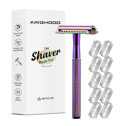 KINGHOOD Safety Razor Single Blade for Men with 10 Double Edge Blades Metal Reusable Eco Friendly Razors Colorful