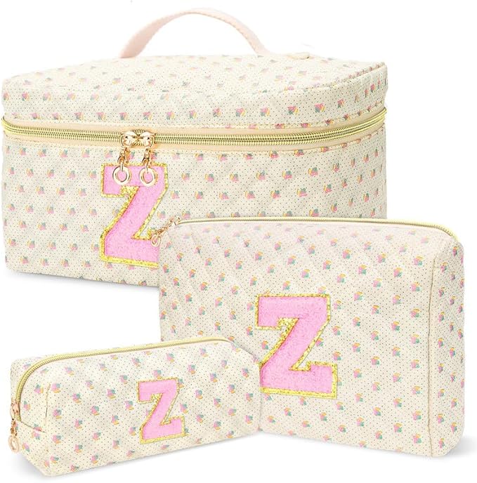 3 PCS Travel Makeup Bag Set, A-Z Initials Cotton Make up Bag Floral Quilted Cosmetic Bag for Girls and Women, Personalized Cute Toiletry Bag Travel Accessories Brushes Bag Yellow - Z
