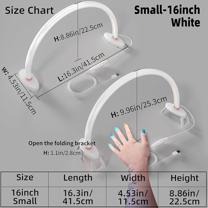Small Half Moon Light for Nail Desk, 3 Color Temperature 3500K-6500K,180°Surround Moon Light Nail Tech,Half moon nail lamp for Manicure Sculpture Handicrafts etc Lighting,Personal DIY use 16inch