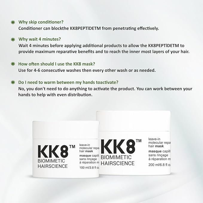 KK8 Biomimetic Hairscience Leave-In Molecular Repair Hair Mask, Professional Strength Treatment for Damaged Hair, 3.8 fl oz