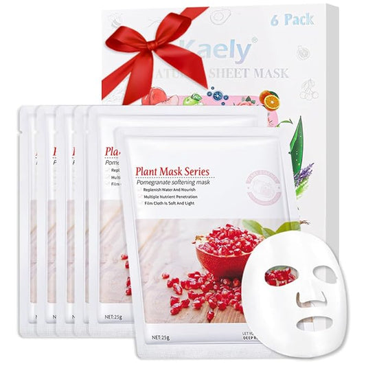 Kaely 6 Pack Pomegranate Sheet Masks, Hydrating Smoothing Face Masks for Women Men, Facial Mask Skin Care Korean, Moisturize Nourish for All Skin Types, Birthday Christmas Gifts, Set10