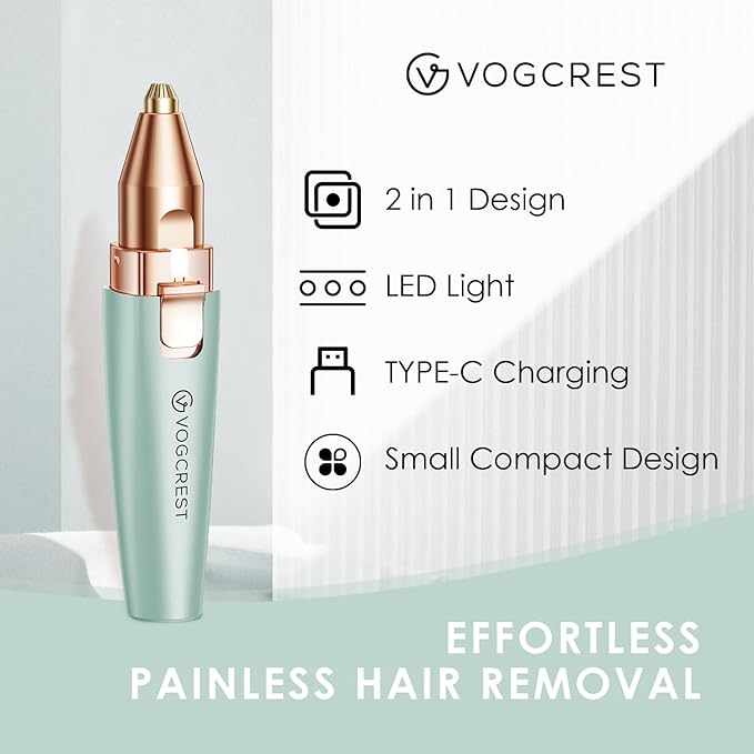 VG VOGCREST Eyebrow Facial Trimmer: 2 in1 Rechargeable Facial Hair Removal and Eyebrow Shaver - Face Lips Body Painless Facial Razor with Built-in LED Light (Pastel Green)