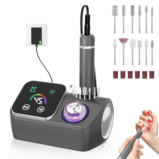 Professional Electric Nail Drill E-File Machine - 45,000 RPM Corded Nail Drills Kit with Low Noise & LED Display for Shaping, Removing & Polishing Acrylic Gel Nails for Salon Home