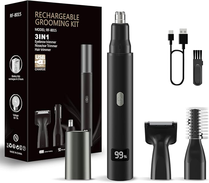 RUIM Nose Hair Trimmer for Men & Women - 3-in-1 Electric Ear & Eyebrow Trimmer, USB Rechargeable Facial Groomer with LED Light, Painless Nose and Ear Hair Remover, Dual Edge Blades