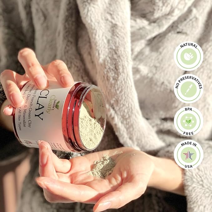 Deep Pore Cleansing French Green CLAY for Face, Body, Skincare | Natural Hydrating Facial Mask for Blackheads and Pores + Body Mask + Clarifying Hair Mask (Bulk 8 Oz + Applicator Brush)