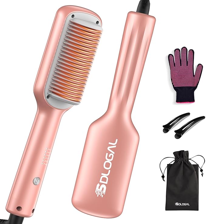 SDLOGAL Hair Straightener Brush, Hair Straightener Comb Straightening Brush for Women, with 5 Temps & Fast Heating, Easy and Fast Salon-Style, Plus Dual Voltage Travel Friendly-(Rose Gold)