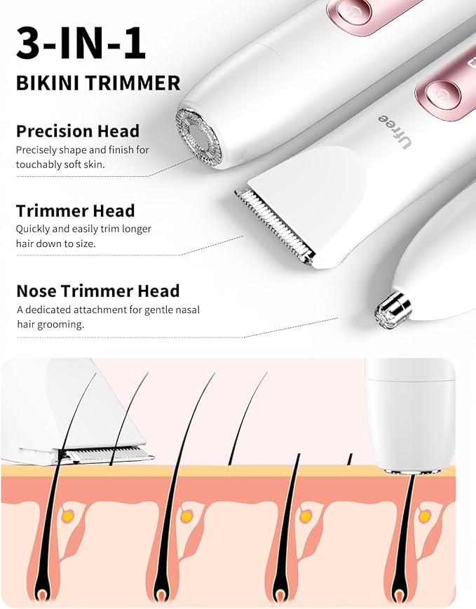 Ufree Bikini Trimmer Electric Razors for Women Dual Head, Pubic Body Hair Trimmer Electric Shaver for Face, Legs, Arm, Rechargeable Lady Shaver Waterproof, Summer Grooming Kit, Gifts for Her