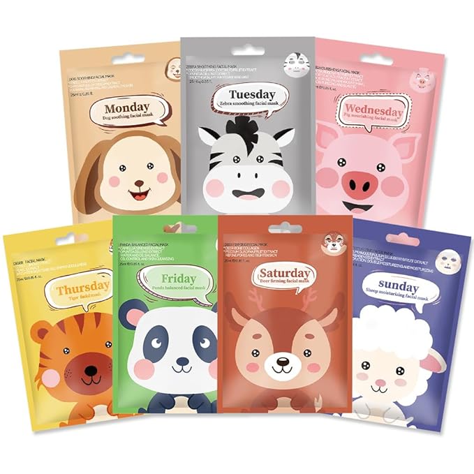Kaely 7 Pack Kids Face Mask Spa, Animal Face Masks for Kids Teens Women Skincare, Animal Character Sheet Facial Mask for All Skin Types, Girls Night Party Skin Care Set, Birthday Christmas Gifts, 01A