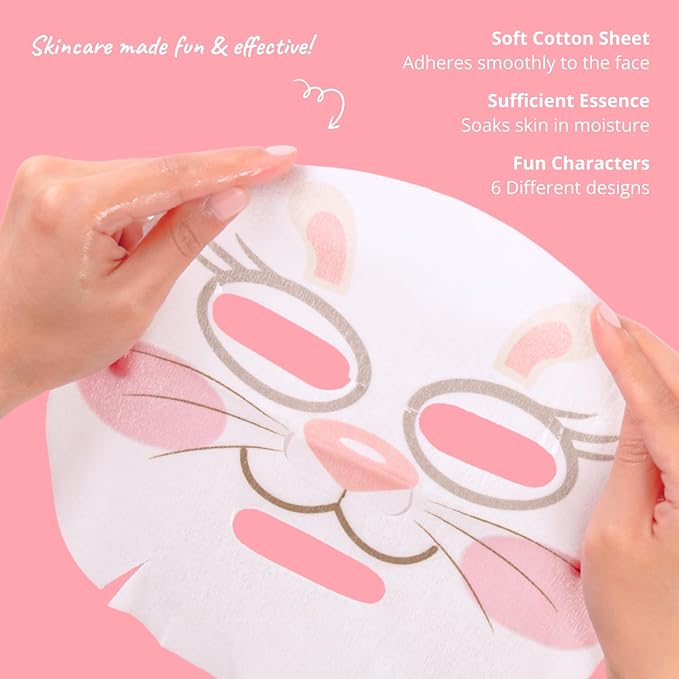 Epielle Character Face Mask Fuzzy Friends 6 Pack, Fun & Effective Korean Skin Care, Spa Party Favors, Stocking Stuffers, Birthday Gifts for Women, Thanksgiving Essentials