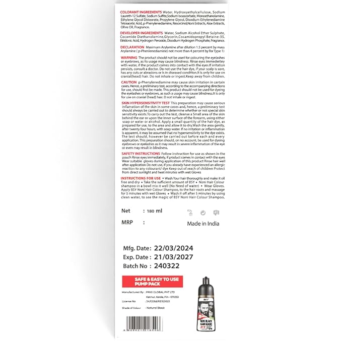 BSY Noni Hair Color Shampoo - 6 fl oz - Pump Pack | No Ammonia | 3 in 1 - Hair Dye Shampoo, Conditioner for Women and Men | Natural Black, Permanent Hair Color for Black Hair