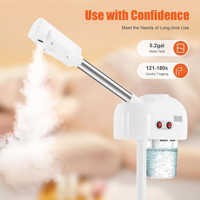Professional Facial Steamer Mist Face Steamer Stand Ozone Facial Machine with Wheels Professional Skin Care Equipment for Shaving & Skin Care, Barbershop, Salon, Spa Use (White)